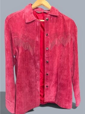 Chico's Red Leather Fringe Snap Front Western Jacket Lined Collared Women's 1